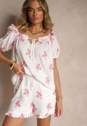 Fuksjowe Szorty z Wiskozą High Waist w Kwiaty Nilvella. Czerwone szorty Renee, bez wzorów, z wiskozy, eleganckie. W wyprzedaży za 103.99 zł.