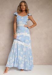 Niebieska Rozkloszowana Sukienka z Wiskozy z Haftami Lumirieve. Niebieskie sukienki Renee, na co dzień, m, bez wzorów, z wiskozy, eleganckie, bez kołnierzyka, bez ramiączek, maxi, rozkloszowane. W wyprzedaży za 119.99 zł.