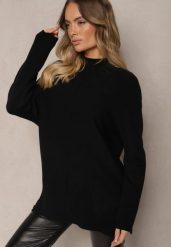 Czarny Prążkowany Sweter z Półgolfem z Rozcięciami po Bokach Rerilla. Czarne swetry Renee, bez wzorów, z dzianiny, casualowe, bez ramiączek. W wyprzedaży za 71.99 zł.
