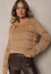 Ciemnobeżowy Sweter z Wełną Ozdobiony Ściągaczami i Długim Włosiem Sialora. Brązowe swetry Renee, na jesień, bez wzorów, z jeansu, biznesowe, bez ramiączek. Za 54.99 zł.
