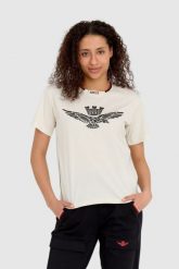 AERONAUTICA MILITARE Kremowy luźny t-shirt damski z wypukłym orłem Comfort Fit. Brązowe t-shirty Aeronautica Militare, s, bez wzorów, z bawełny, bez kołnierzyka, bez ramiączek. W wyprzedaży za 299.99 zł.