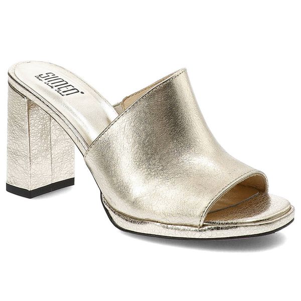 Złote Klapki Simen Stylowe Buty Damskie. Żółte klapki Simen, bez wzorów, eleganckie, bez obcasa, na obcasie, bez zapięcia. Za 279.00 zł.