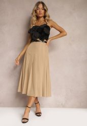 Beżowa Spódnica High Waist o Plisowanym Kroju z Paskiem w Talii Xeviana. Brązowe spódnice Renee, l, bez wzorów, eleganckie, midi, plisowane. W wyprzedaży za 135.99 zł.