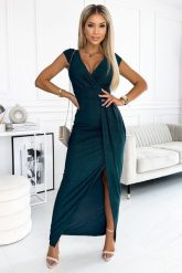Brokatowa Maxi Sukienka z Rozcięciem - Zielona. Zielone sukienki NUMOCO, m, bez wzorów, z elastanu, wizytowe, bez kołnierzyka, bez ramiączek, maxi. Za 269.90 zł.