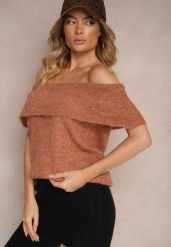 Brązowy Sweter Top z Hiszpańskim Wywijanym Dekoltem z Wełną Inarose. Brązowe swetry Renee, m, bez wzorów, z wełny, casualowe, bez ramiączek. W wyprzedaży za 83.99 zł.