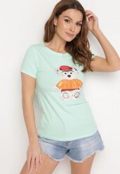 Miętowy T-shirt Bawełniany z Nadrukiem Rusolia. Zielone t-shirty Born2be, s, bez wzorów, z bawełny, biznesowe, bez kołnierzyka, bez ramiączek. Za 39.99 zł.