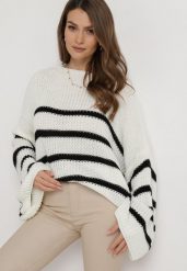Biały Dzianinowy Sweter z Długimi Szerokimi Rękawami w Pasy Samsoni. Białe swetry Born2be, bez wzorów, z dzianiny, bez ramiączek. W wyprzedaży za 76.49 zł.