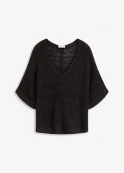 Gruby sweter z przędzy wstążkowej. Niebieskie swetry bonprix, bez wzorów, bez ramiączek. Za 99.99 zł.