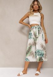 Biało-Zielone Plisowane Spodnie z Szerokimi Nogawkami High Waist z Gumką w Talii Alfia. Białe jeansy Renee, na lato, l, bez wzorów, z jeansu, z podwyższonym stanem. W wyprzedaży za 29.99 zł.