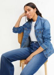 Kurtka jeansowa ze stretchem, basic. Niebieskie kurtki bonprix, bez wzorów, z jeansu, bez kaptura. Za 154.99 zł.