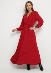Czerwona Kopertowa Asymetryczna Sukienka Koktajlowa z Wiskozą Ozdobiona Paskiem Lanoresa. Czerwone sukienki Born2be, na imprezę, xl, bez wzorów, z wiskozy, eleganckie, z asymetrycznym kołnierzem, bez ramiączek, asymetryczne. Za 99.99 zł.