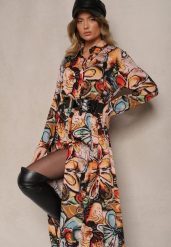 Granatowo-Pomarańczowa Wiskozowa Sukienka Koszulowa w Kwiaty z Guzikami przy Rękawach Enayira. Niebieskie sukienki Renee, na co dzień, l, bez wzorów, z wiskozy, eleganckie, bez kołnierzyka, bez ramiączek, maxi, koszulowe. W wyprzedaży za 91.99 zł.