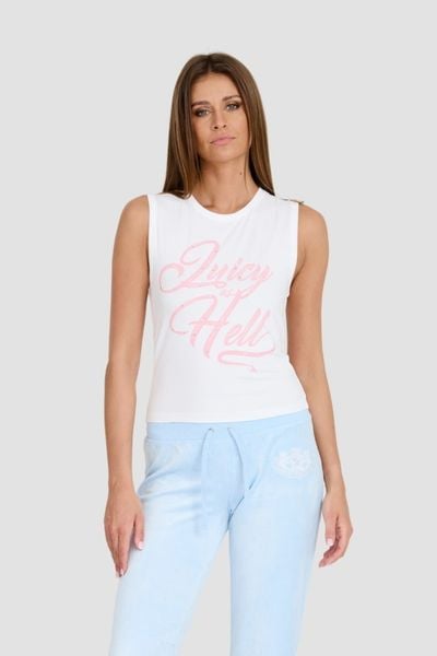 JUICY COUTURE Biały damski top Juicy As Hell Tank, Rozmiar M. Białe topy Juicy Couture, m, bez wzorów, bez kołnierzyka, bez ramiączek. W wyprzedaży za 109.99 zł.