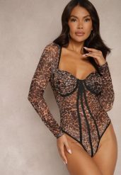 Brązowe Transparentne Body w Panterkę z Usztywnionymi Miseczkami Venoriae. Brązowe body i gorsety Renee, bez wzorów, bez ramiączek. W wyprzedaży za 91.99 zł.