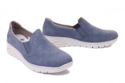 RIEKER N3363-10 blue, półbuty damskie. Niebieskie półbuty wsuwane Rieker, bez wzorów, bez obcasa. Za 237.92 zł.