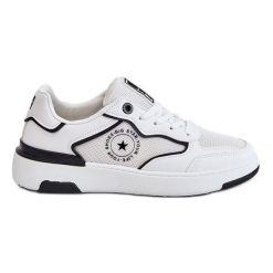 Damskie Sportowe Buty Big Star LL274440 Biało-Czarne białe. Białe buty treningowe bez wzorów, z gumy, bez zapięcia, trekkingowe. Za 244.76 zł.