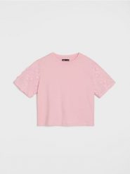 Bawełniana bluzka z haftem - różowy. Czerwone bluzki Sinsay, l, bez wzorów, z bawełny, bez kołnierzyka, bez ramiączek. Za 25.99 zł.