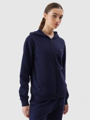 4F Bluza dresowa rozpinana z kapturem damska - granatowa XS. Niebieskie bluzy 4f, xs, bez wzorów, z bawełny, sportowe, bez ramiączek, z kapturem. W wyprzedaży za 89.99 zł.