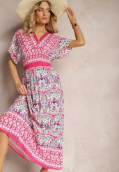 Fuksjowa Wiskozowa Sukienka Boho z Gumką w Pasie i Trójkątnym Dekoltem Casalina. Czerwone sukienki Renee, na co dzień, l, bez wzorów, z wiskozy, boho, bez kołnierzyka, bez ramiączek, maxi. W wyprzedaży za 91.99 zł.