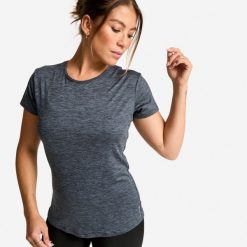 Koszulka fitness damska Domyos krótki rękaw. Szare t-shirty sportowe DOMYOS, l, bez wzorów, z elastanu, bez ramiączek, na fitness i siłownię. Za 34.99 zł.
