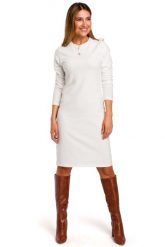 Ecru Dzianinowa Prosta Sukienka przed Kolano. Czarne sukienki MOE, na co dzień, l, bez wzorów, z bawełny, bez kołnierzyka, bez ramiączek. Za 219.90 zł.