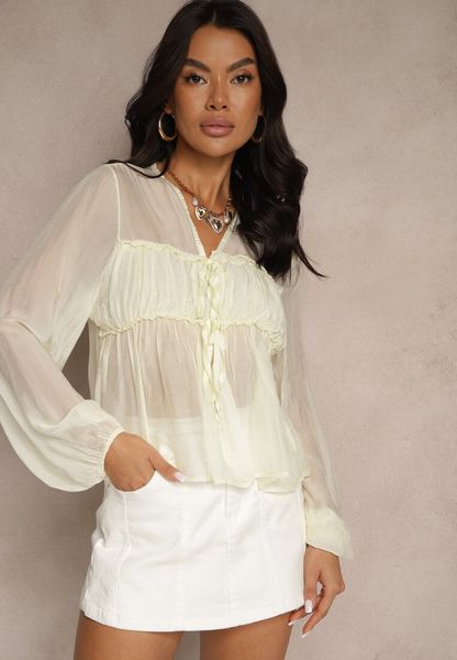 Żółta Bluzka z Wiskozą i Ozdobnym Wiązaniem z Transparentnego Materiału Rineira. Żółte bluzki Renee, bez wzorów, z jeansu, eleganckie, bez kołnierzyka, bez ramiączek. Za 119.99 zł.