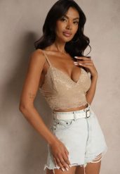 Beżowy Dopasowany Top z Koronki na Ramiączkach Pasirelia. Brązowe topy Renee, l, bez wzorów, z jeansu, eleganckie, bez kołnierzyka, bez ramiączek. W wyprzedaży za 55.99 zł.