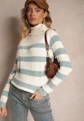 Zielono-Kremowy Golf z Wiskozą w Paski Zericea. Zielone swetry Renee, na zimę, bez wzorów, z jeansu, eleganckie, bez ramiączek. W wyprzedaży za 55.99 zł.