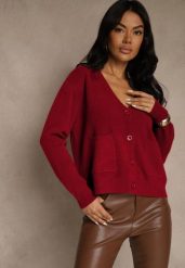 Bordowy Kardigan na Guziki z Domieszką Kaszmiru Vetiella. Czerwone swetry Renee, bez wzorów, z jeansu, eleganckie, bez ramiączek. Za 109.99 zł.