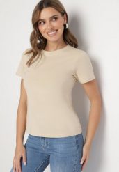 Beżowy Klasyczny T-shirt z Bawełny Lorali. Brązowe t-shirty Born2be, m, bez wzorów, z bawełny, klasyczne, bez kołnierzyka, bez ramiączek. W wyprzedaży za 25.49 zł.