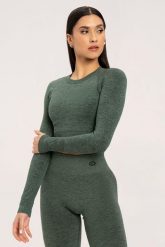 Koszulka fitness damska Gym Glamour z długim rękawem seamless. Zielone t-shirty sportowe GYM GLAMOUR, l, bez wzorów, z materiału, bez ramiączek, na fitness i siłownię. Za 149.99 zł.