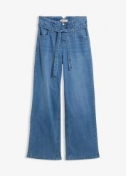 Jeansy wide leg, high waist, z bawełny organicznej. Niebieskie jeansy bonprix, bez wzorów, z bawełny, z podwyższonym stanem. Za 199.99 zł.