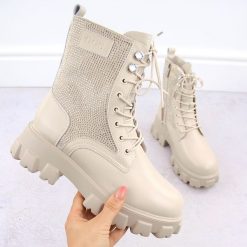 Skórzane botki damskie z cyrkoniami beżowe Goe OO2N4108. Brązowe botki GOE, bez wzorów, z materiału, eleganckie, bez obcasa, bez zapięcia. Za 240.00 zł.