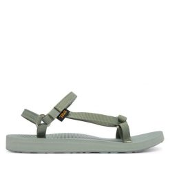 Sandały Teva. Zielone sandały Teva, bez wzorów, bez obcasa, na płaskiej podeszwie, bez zapięcia. Za 299.99 zł.