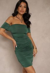 Zielona Sukienka Bodycon z Górą Open Shoulder i Marszczeniem Tosivea. Zielone sukienki Renee, na co dzień, l, bez wzorów, bez kołnierzyka, bez ramiączek, mini, bodycon. W wyprzedaży za 67.99 zł.