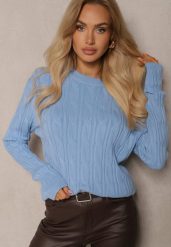 Niebieski Sweter z Wiskozą Ozdobiony Tłoczeniem Savra. Niebieskie swetry Renee, s, bez wzorów, z jeansu, casualowe, bez ramiączek. Za 99.99 zł.