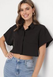 Czarna Koszula o Krótkim Kroju z Wiskozą Ozdobiona Kieszonkami Piterta. Czarne koszule Born2be, m, bez wzorów, z jeansu, eleganckie, bez kołnierzyka, bez ramiączek. W wyprzedaży za 55.24 zł.