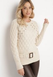 Jasnobeżowy Sweter Ozdobiony Tłoczeniem i Paskiem Kortissta. Brązowe swetry Born2be, m, bez wzorów, z jeansu, klasyczne, bez ramiączek. W wyprzedaży za 110.49 zł.