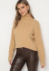 Ciemnobeżowy Klasyczny Golf Savera. Brązowe swetry Born2be, s, bez wzorów, z jeansu, eleganckie, bez ramiączek. W wyprzedaży za 93.49 zł.