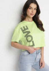 Zielony Krótki Bawełniany T-shirt z Napisem Sannirra. Zielone t-shirty Born2be, m, bez wzorów, z bawełny, klasyczne, bez kołnierzyka, bez ramiączek. Za 49.99 zł.