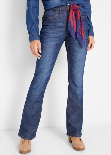 Dżinsy ocieplane bootcut, wysoki stan. Niebieskie jeansy bonprix, bez wzorów, z jeansu, z podwyższonym stanem. Za 219.99 zł.