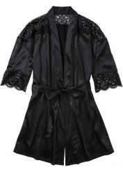 Satynowe kimono z efektem połysku. Czarne szlafroki damskie bonprix, bez wzorów, z koronki, bez ramiączek. Za 119.99 zł.