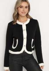 Czarny Kardigan z Wełną Guzikami i Ozdobnymi Kieszeniami Ennavia. Czarne swetry Born2be, z aplikacjami, z jeansu, eleganckie, bez ramiączek. W wyprzedaży za 127.49 zł.