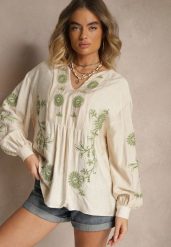 Beżowa Bluzka z Wiskozą i Haftowanym Wzorem Novalisse. Brązowe bluzki Renee, l, bez wzorów, z jeansu, eleganckie, bez kołnierzyka, bez ramiączek. W wyprzedaży za 83.99 zł.