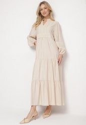 Jasnobeżowa Wiskozowa Sukienka Boho o Rozkloszowanym Kroju z Gumką i Koronką Gonillea. Brązowe sukienki Born2be, na co dzień, l, z aplikacjami, z koronki, boho, bez kołnierzyka, bez ramiączek, maxi, rozkloszowane. W wyprzedaży za 127.49 zł.