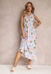 Jasnoniebieska Kwiecista Sukienka Maxi z Gumką w Talii i Rozkloszowanym Dołem Lenasa. Niebieskie sukienki Renee, l, bez wzorów, z tkaniny, bez kołnierzyka, bez ramiączek, maxi, rozkloszowane. Za 24.99 zł.