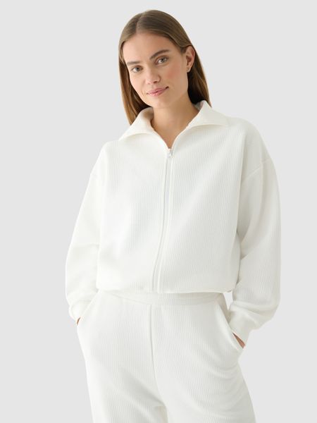 4F Bluza crop top rozpinana bez kaptura damska - biała L. Białe bluzy bez kaptura 4f, l, bez wzorów, z bawełny, bez kaptura. W wyprzedaży za 79.99 zł.