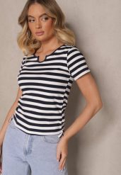 Granatowo-Biały T-shirt z Prążkowanego Materiału Ozdobiony Troczkiem Evelreti. Niebieskie t-shirty Renee, m, bez wzorów, z jeansu, biznesowe, bez kołnierzyka, bez ramiączek. W wyprzedaży za 34.99 zł.