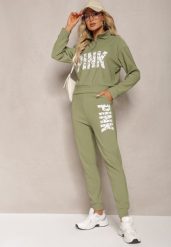 Zielony Komplet z Napisem Bluza Krótka i Spodnie ze Ściągaczami Nimilia. Zielone bluzy Renee, l, bez wzorów, bez kaptura. W wyprzedaży za 63.99 zł.