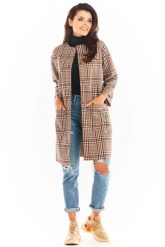 Płaszcz w Kratę z Dużymi Kieszeniami - Brązowy. Brązowe płaszcze Awama, l, bez wzorów, z elastanu, bez kaptura. Za 329.90 zł.